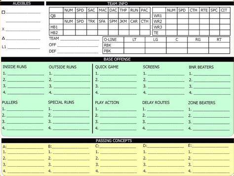 Example of a Football Play Call Sheet Template with Color-Coding