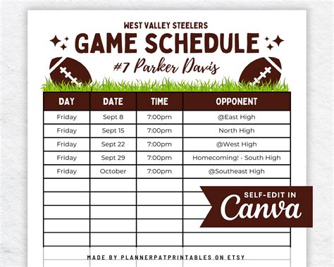 Example of a Football Schedule Template