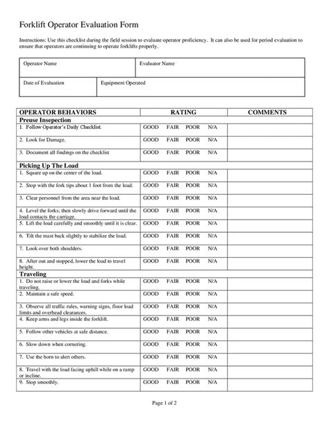 Forklift Operator Evaluation Template Word