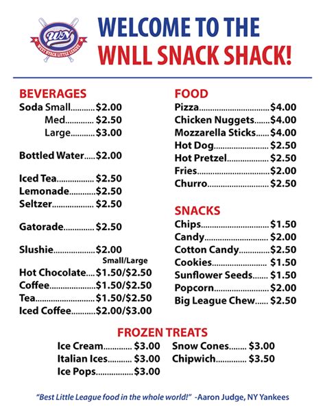 Fort Jackson Snack Bar Menu