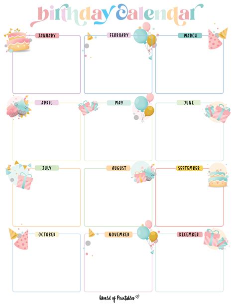 Free Birthday Calendar Template