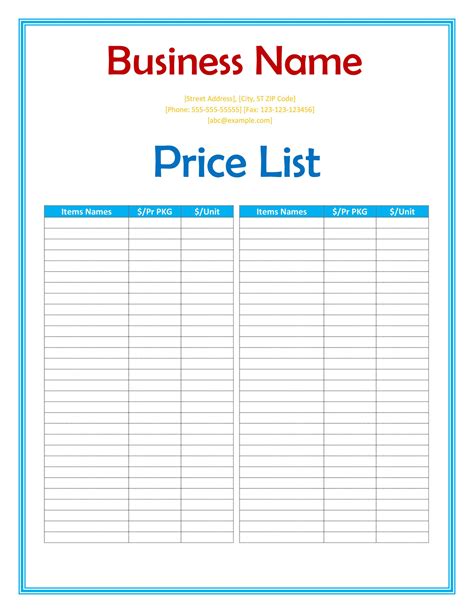 Free Price List Template Excel