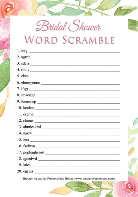 Free Printable Bridal Shower Word Scramble