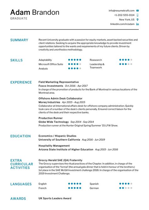 Example of a Free Resume Template for Recent Graduates