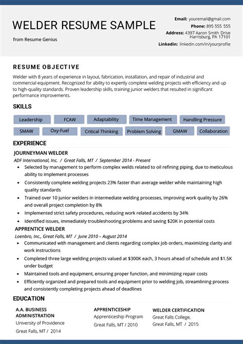 Free Welder Resume Template 6