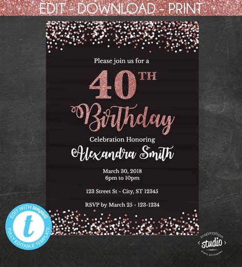 Image of a glittery 40th birthday invitation template