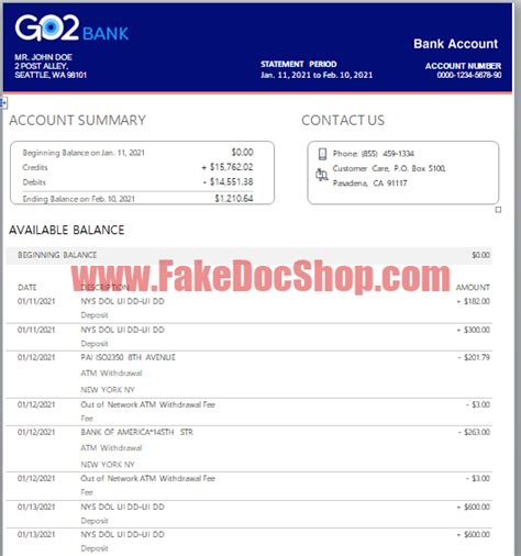 Go2bank Bank Statement Template Account Balances Example