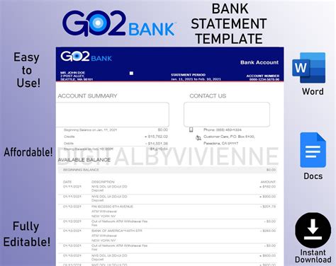 Go2bank Bank Statement Template Layout Example