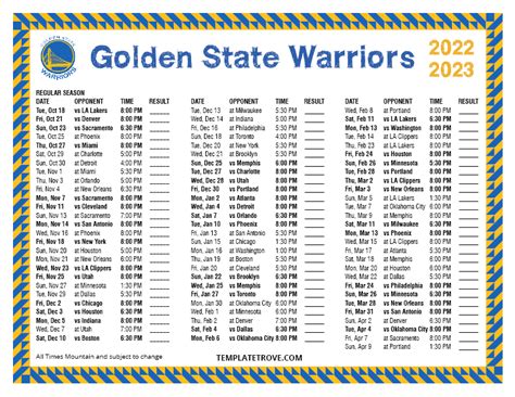 Golden State Warriors Printable Schedule