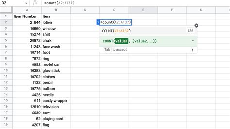 Google Sheets COUNT Function