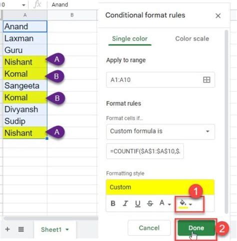 Google Sheets column highlighting example