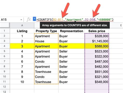 Google Sheets Countifs Error