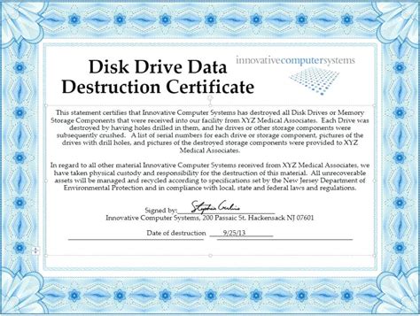 Basic Hard Drive Destruction Certificate