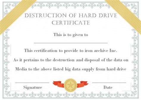 Hard Drive Destruction Certificate for Audit Trails