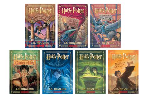 A collection of Harry Potter book covers with various designs and colors.