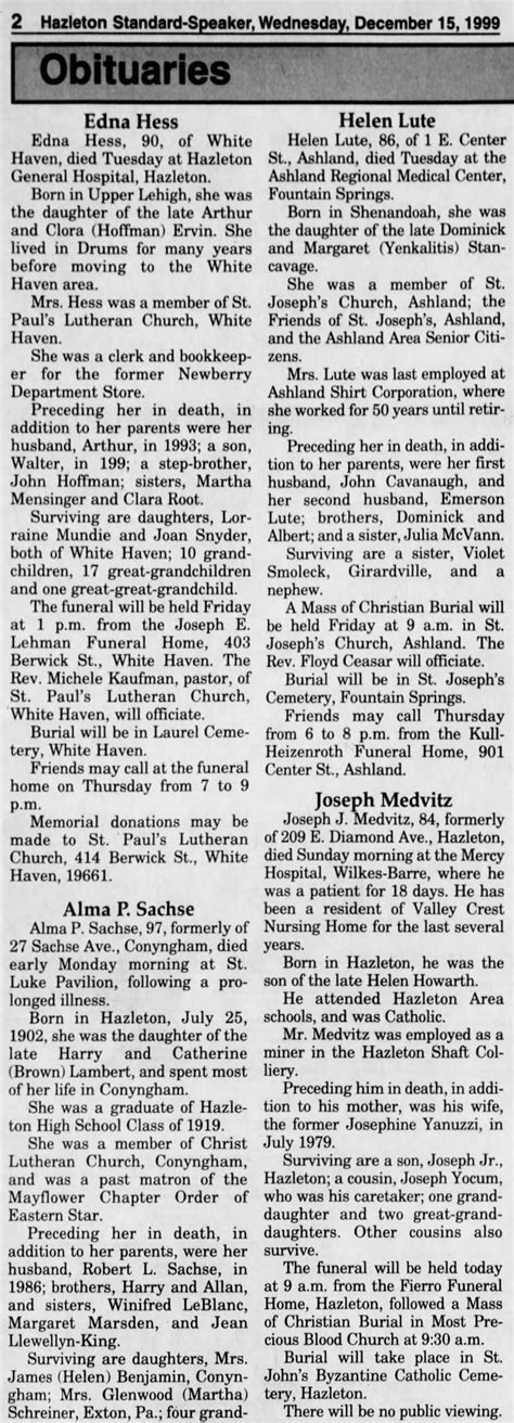 Hazleton Pa Standard Speaker Obituary Notices