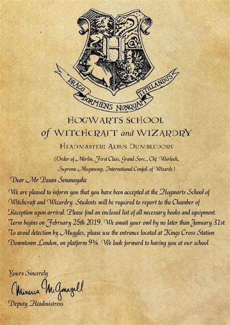 A handwritten Hogwarts letter