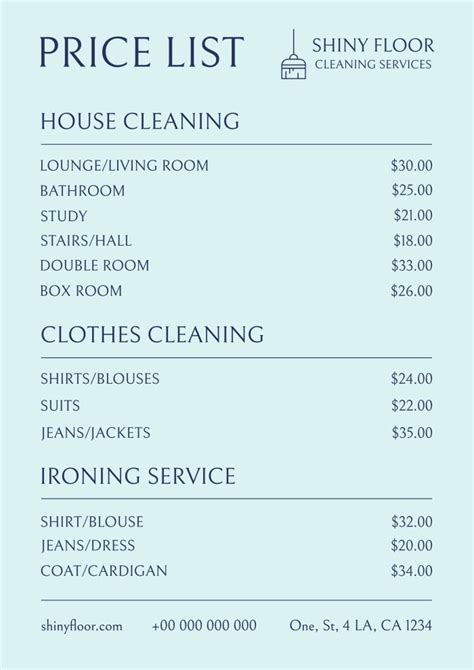 House Cleaning Services Price List Template Example 1