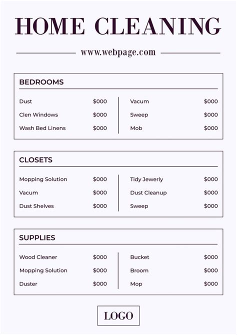 House Cleaning Services Price List Template Example 2