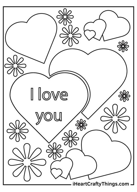 A coloring page featuring cute animals holding heart-shaped signs with the words I Love You written on them