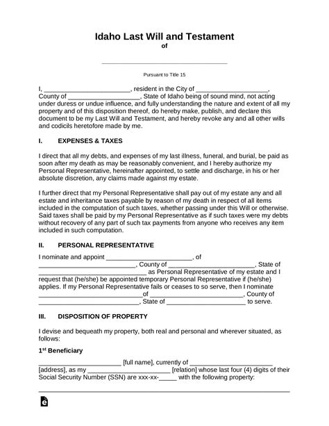 Idaho Last Will And Testament Template Form Example