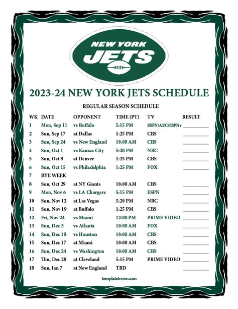 Jets 2023 Printable Schedule Format