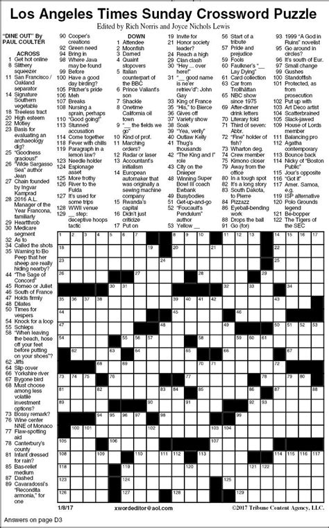 LA Times Sunday Crossword Printable Edition