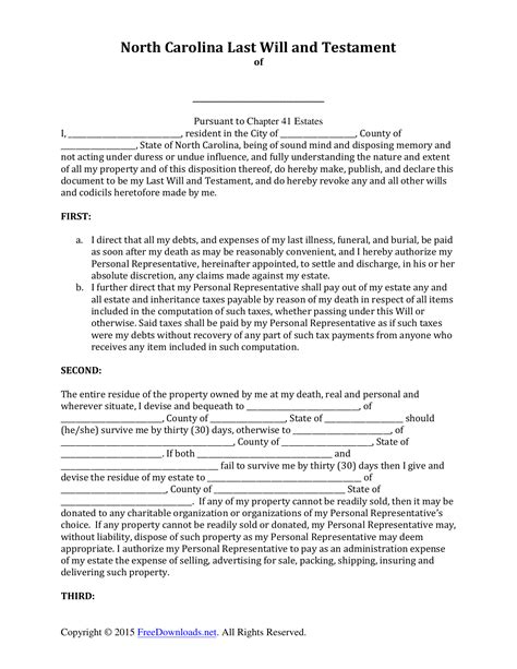 Last Will and Testament Template North Carolina