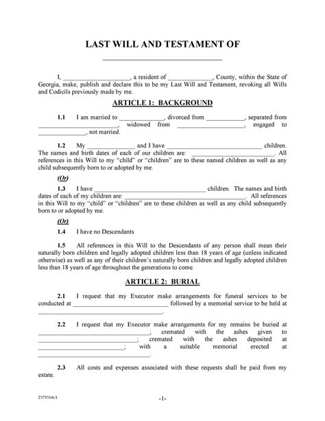 Last Will and Testament Template for Single Person