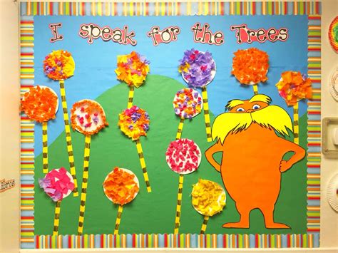 A teacher and students creating Lorax-inspired artwork