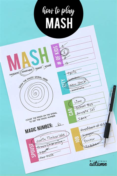 MASH Game Printable Free Download