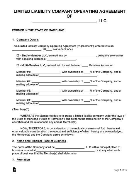 Maryland LLC Operating Agreement template 1