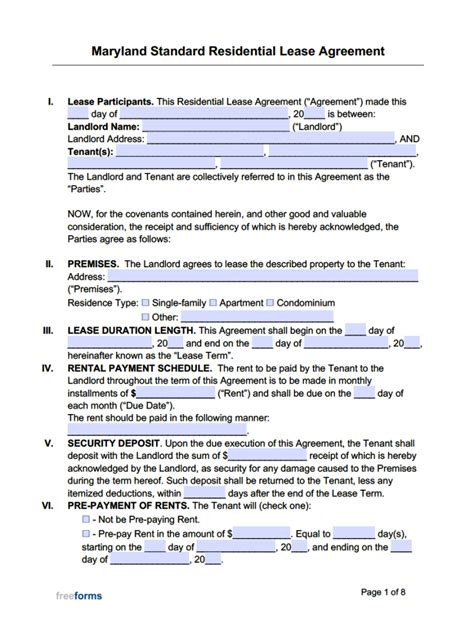 Maryland Residential Lease Agreement Form Free