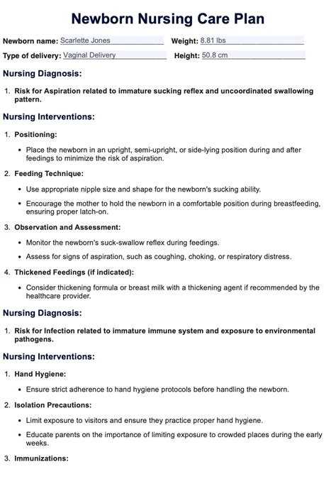 Maternal Newborn Care Plan