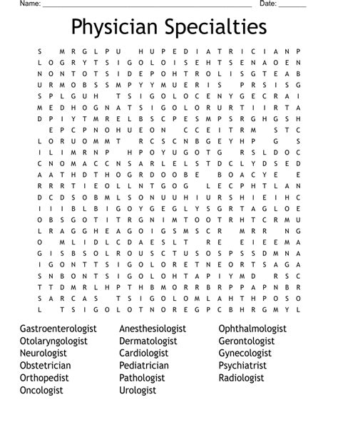 Medical Specialties Word Search