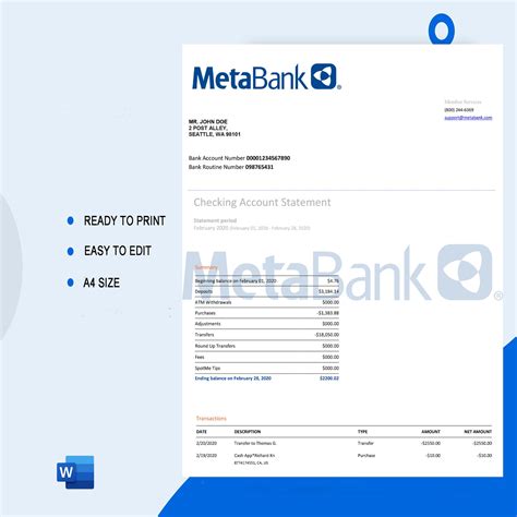 MetaBank Bank Statement Template