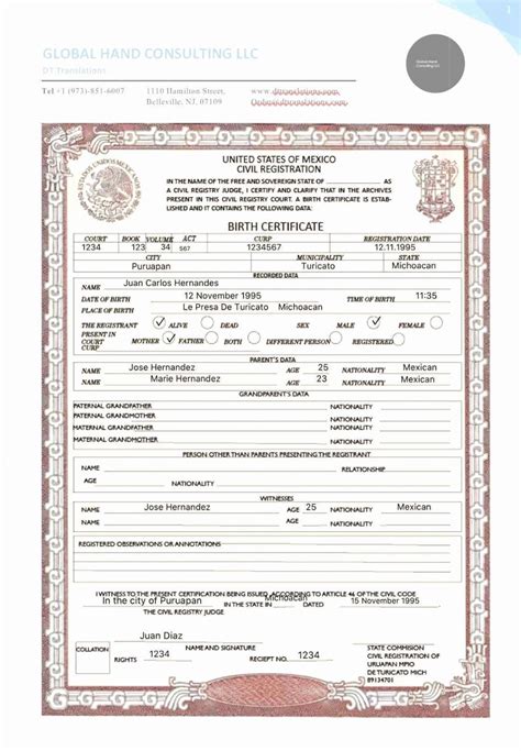 Mexican Birth Certificate Translation Template Example