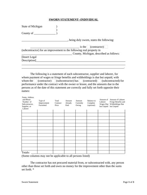 Michigan Contractor Sworn Statement Form