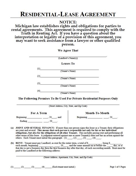 Michigan Lease Agreement Sample