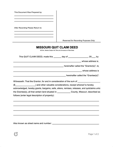 Missouri Quit Claim Deed Form Blank