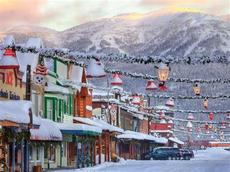 A decorated Main Street in a Montana town at Christmas