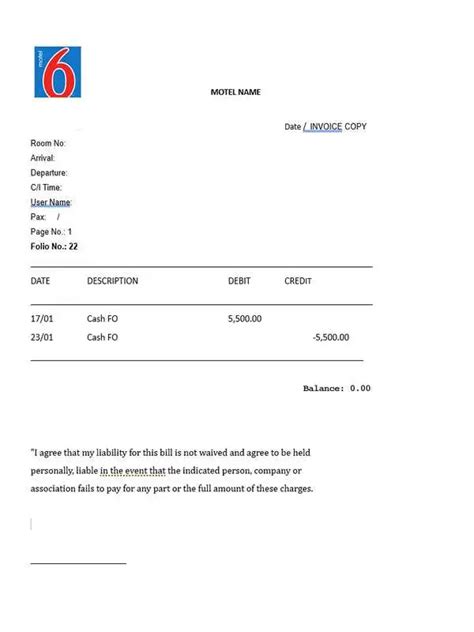 Example of a receipt template for Motel 6 with a detailed layout