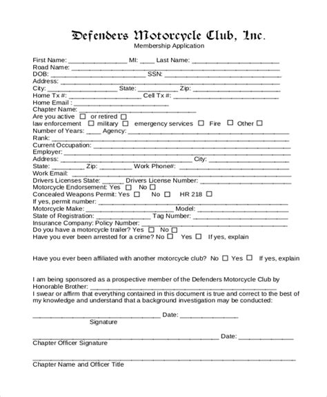 Motorcycle Club Application Form Template Download 10