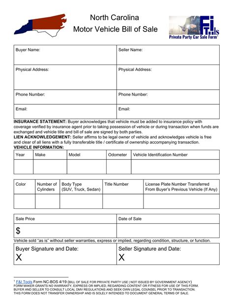 NC Vehicle Bill of Sale Form 1