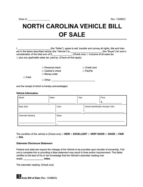 NC Vehicle Bill of Sale Form 2