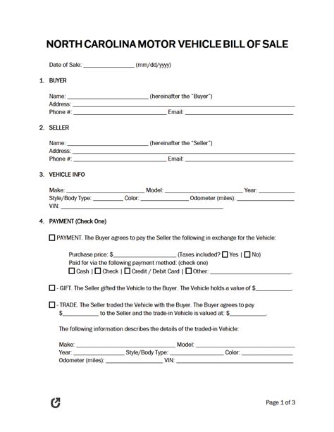 NC Vehicle Bill of Sale Form 5