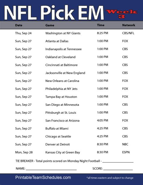 NFL Pick Sheet Blank