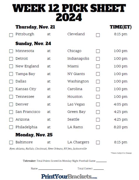 NFL Week 12 Printable Schedule