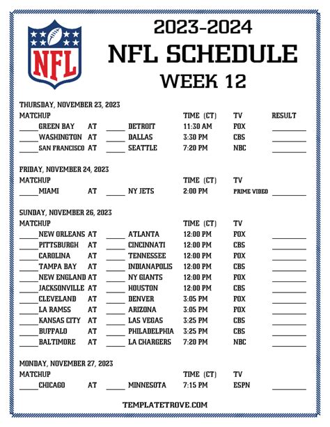 NFL Week 12 Schedule