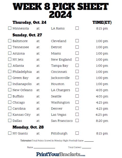 NFL Week 8 Printable Schedule 2023